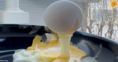 (ویدئو) تخم‌مرغ و نودل یخ‌زده در سرمای شدید کانادا
