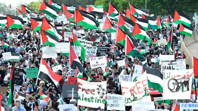 تظاهرات حامیان فلسطین در میشیگان همزمان با سفر بایدن