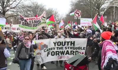فیلم/ تظاهرات ضدجنگ مقابل سفارت رژیم صهیونیستی در واشنگتن