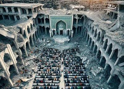تصویری با شکوه از اقامه نماز جمعه در میان خرابه‌ها