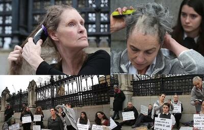 فیلم| زنان انگلیسی با تجمع مقابل پارلمان سر خود را تراشیدند