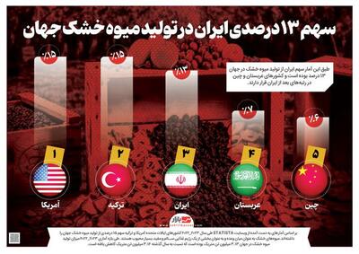 سهم ۱۳ درصدی ایران در تولید میوه خشک جهان +اینفوگرافیک