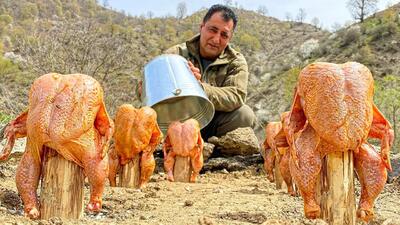 (ویدئو) روش خلاقانه آشپز مشهور آذربایجانی در کباب کردن 6 مرغ زیر سطل فلزی