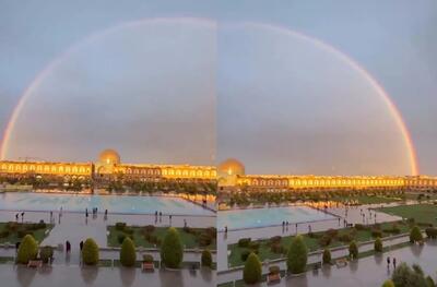 تصاویری خیره‌کننده از رنگین کمان بر فراز نقش جهان اصفهان + فیلم