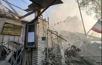 تصاویر جدید از داخل سفارت ایران پس از حمله اسرائیل؛ ساختمان منزل سفیر ایران تخریب شد/ فیلم