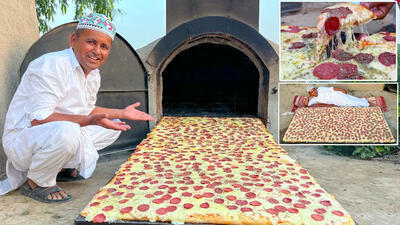 (ویدئو) غذای روستایی در پاکستان؛ فرآیند پخت پیتزای غول پیکر در تنور