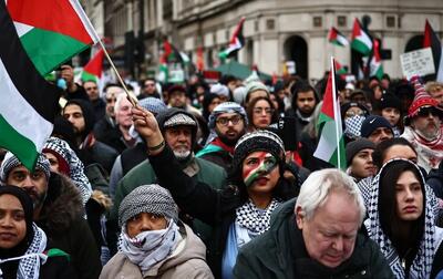 (ویدئو) تجمع هواداران فلسطین هنگام استقبال صدراعظم آلمان از ریشی سوناک