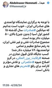 واکنش همتی به برگزاری نمایشگاه توانمندی‌های صادراتی ایران/ دنبال اصلاح شیوه حکمرانی باشید - عصر خبر