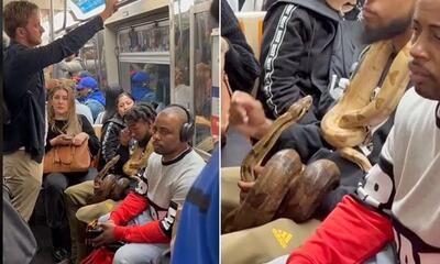 (ویدئو+عکس) مسافری که با دو مار پیتون ترسناک سوار مترو شده است