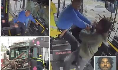 (ویدئو) درگیری مسافری با راننده اتوبوس منجر به تصادف شد