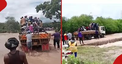(ویدئو) واژگونی کامیون حامل گروهی از مردم در سیل
