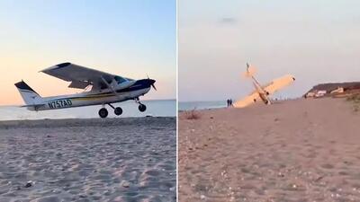 (ویدئو) لحظه فرود اضطراری یک هواپیما در ساحل
