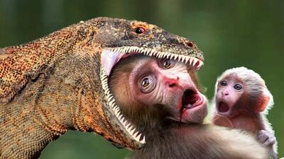 از جذابیت های حیات وحش؛ دستای میمون بدبخت عین مگس کش از دهن کومودو بیرون موند