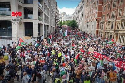 تظاهرات گسترده مردم پایتخت انگلیس در محکومیت جنایت النصیرات