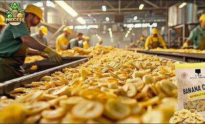 مراحل فرآوری صدها تن موز برای تولید چیپس در پاکستان (فیلم)