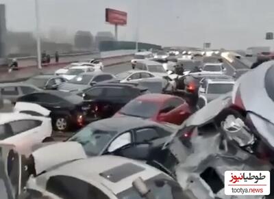 (فیلم) تصادف زنجیره‌ ای هولناک 100 خودرو در اتوبان یخ بسته چین