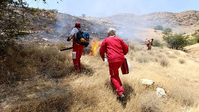 مشارکت تیم های امدادی هلال‌احمر کهگیلویه و بویراحمد در مهار آتش سوزی مراتع