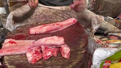 (ویدئو) مهارت ماهی فروش هندی در برش زدن یک کوسه ماهی نادر