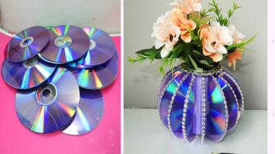 (ویدیو) چگونه یک گلدان با سی دی های بازیافتی تزئینی بسازیم ؟!